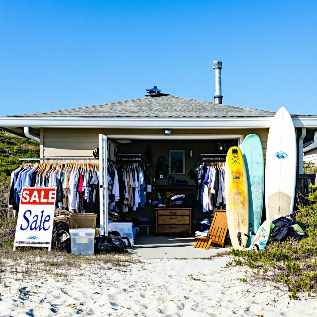 annual yard sale at a beach house by the ocean showing items for sale such as clothes furniture house hold items and surfboards include a sale sign