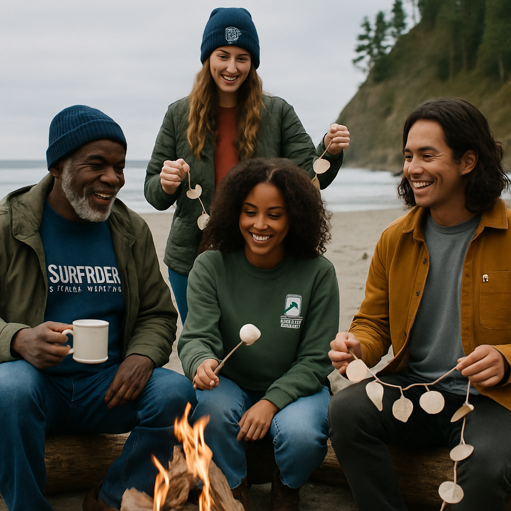 photographic male and female friends of different ethnicities and ages some wearing Surfrider Foundation apparel sitting and standing around a small b