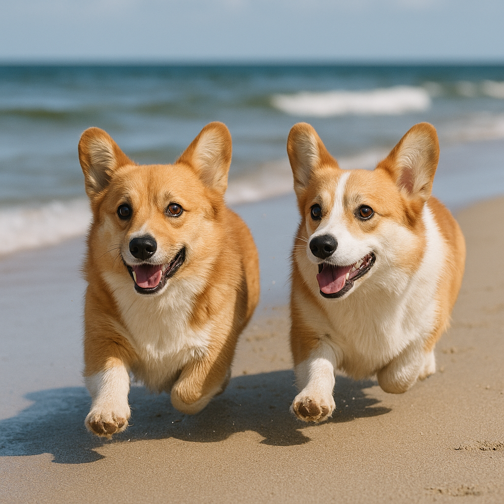 two corgi dogs running on the beach